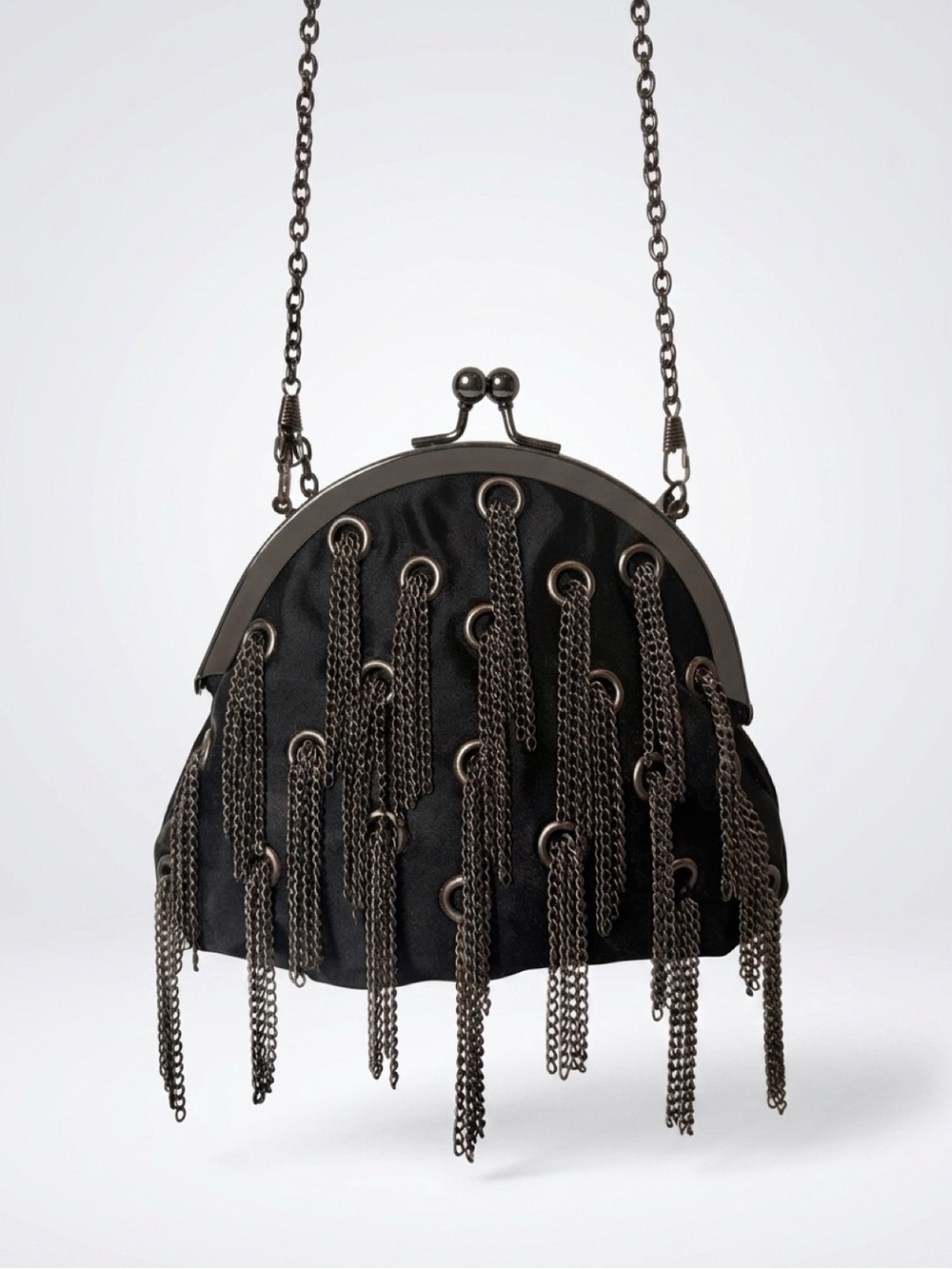 Satin Chain-Fringe Evening Bag, black, gunmetal, kisslock close, GUC